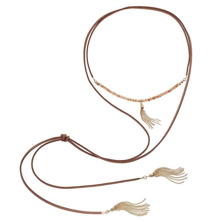 Long Tasseled & Beaded Brown Faux Suede Wrap Necklace, Women's