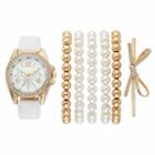 Women's Crystal Watch & Simulated Pearl Bracelet Set, Size: Medium, White