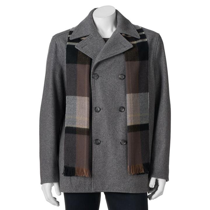 Big & Tall Towne Wool-blend Double-breasted Peacoat With Plaid Scarf, Men's, Size: Xl Tall, Med Grey