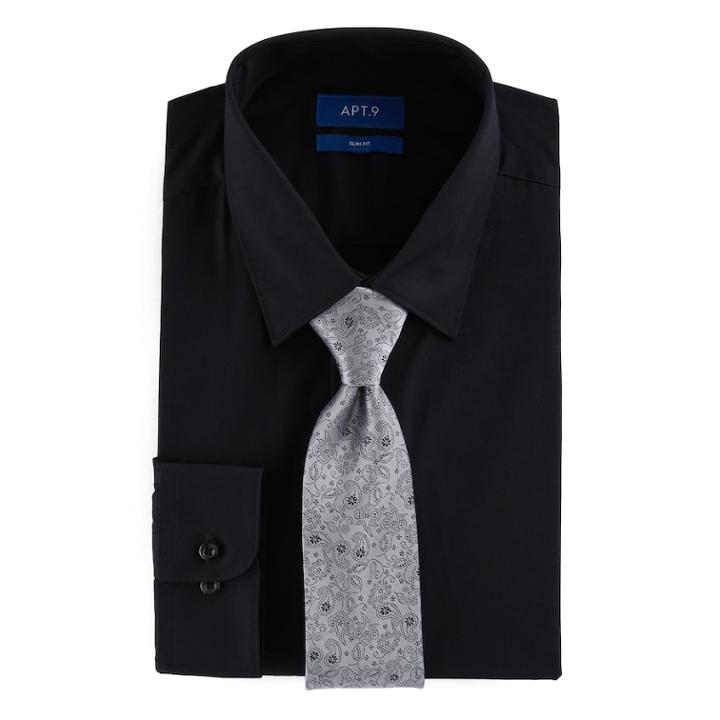 Men's Apt. 9&reg; Slim-fit Stretch Spread-collar Dress Shirt & Tie Set, Size: L-34/35, Black