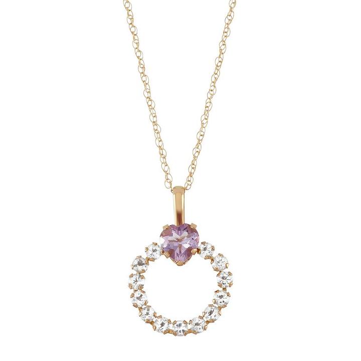 10k Gold Lab-created Amethyst & White Topaz Heart Circle Pendant, Women's, Size: 18, Purple