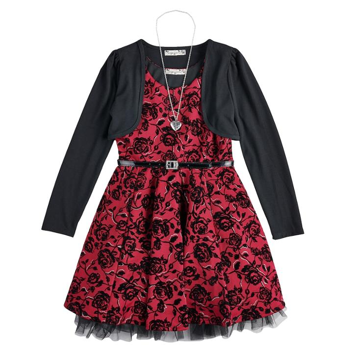 Plus Size Girls 7-16 Belted Skater Dress & Shrug, Size: 12 1/2, Red Overfl