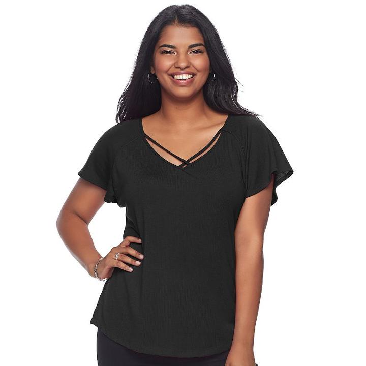 Juniors' Plus Size Candie's&reg; Strappy Flutter Sleeve Tee, Teens, Size: 1xl, Oxford