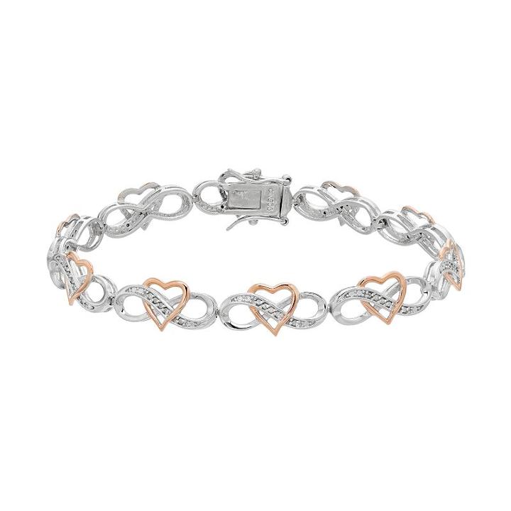Two Tone Sterling Silver 1/4 Carat T.w. Diamond Heart Infinity Bracelet, Women's, Size: 7.5, White