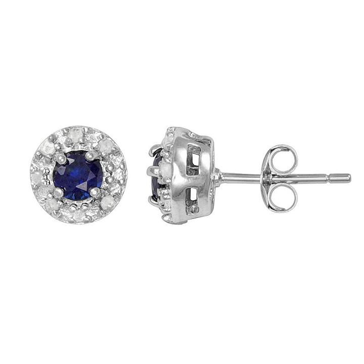 Sterling Silver Lab-created Sapphire And 1/10-ct. T.w. Diamond Halo Stud Earrings, Women's, Blue