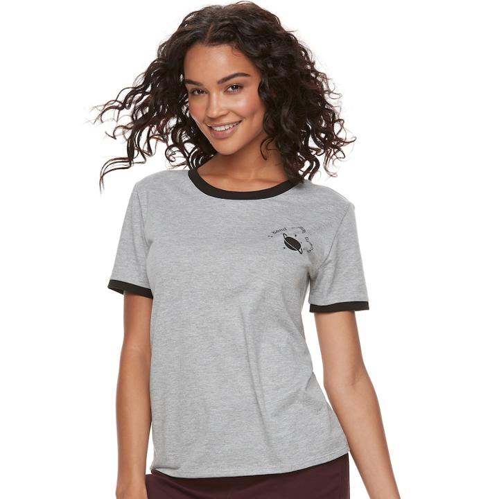 Juniors' The Print Shop Need Space Ringer Graphic Tee, Teens, Size: Medium, Light Grey