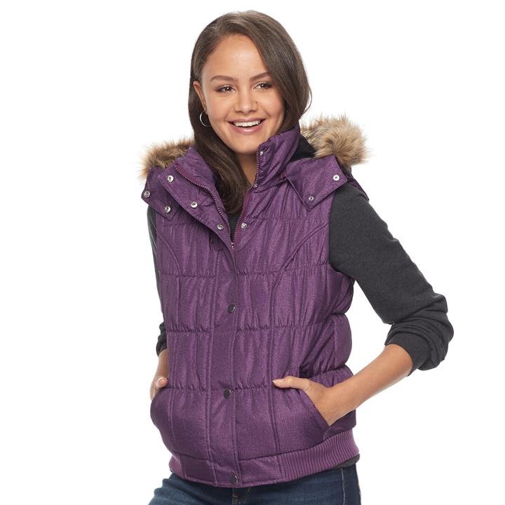 Juniors' Pink Envelope Faux-fur Hood Puffer Vest, Teens, Size: Large, Red