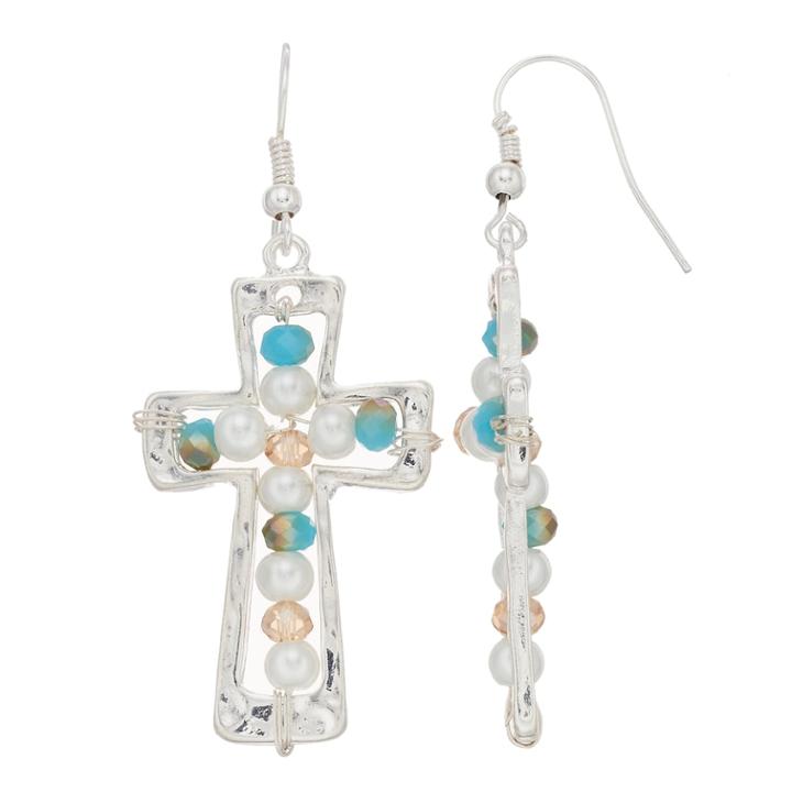 Believe In Simulated Pearl & Bead Cross Nickel Free Drop Earrings, Women's, Multicolor