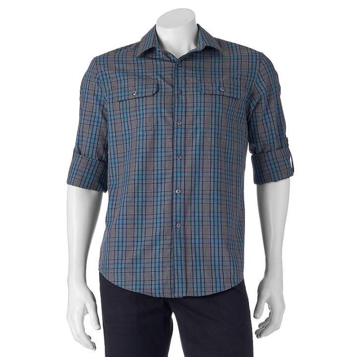 Men's Apt. 9&reg; Modern-fit Plaid Roll-tab Button-down Shirt, Size: Xl, Turquoise/blue (turq/aqua)