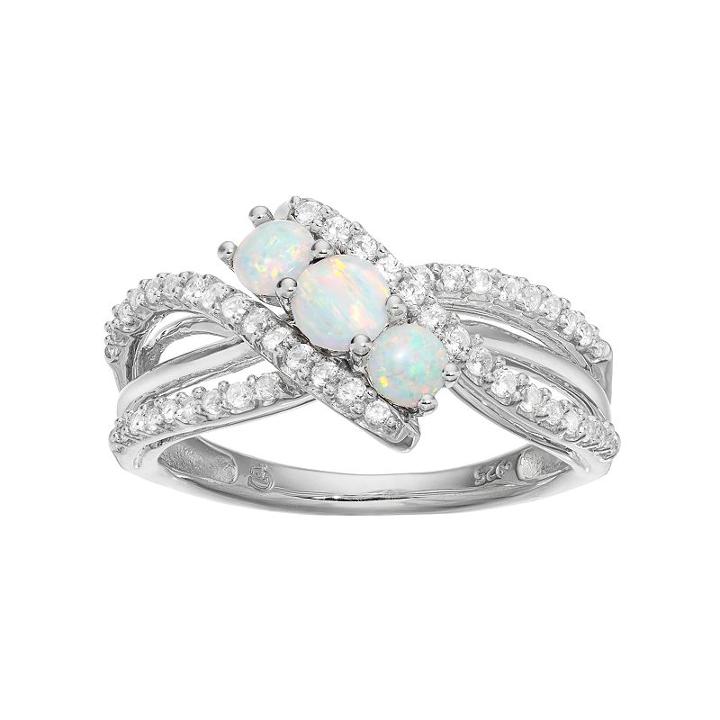 Sterling Silver Lab-created Opal & White Sapphire 3-stone Ring, Women's, Size: 8