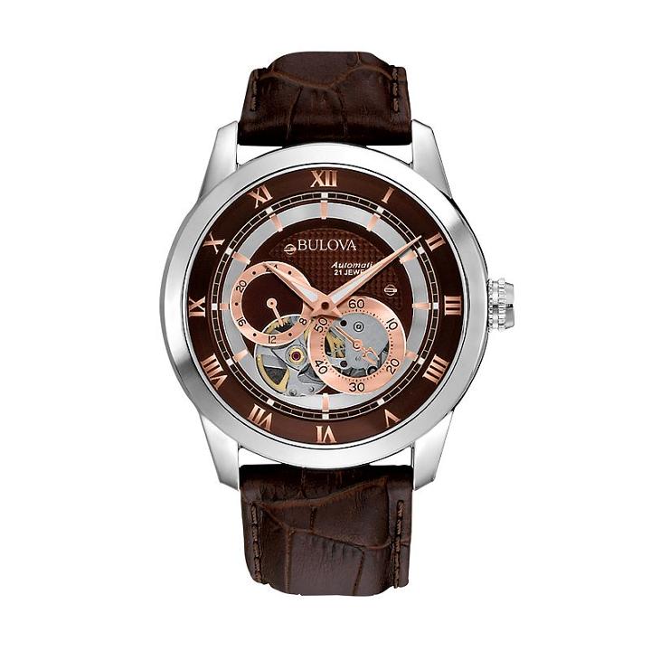 Bulova Stainless Steel Automatic Skeleton Leather Watch - 96a120 - Men, Brown