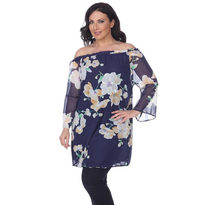 Plus Size White Mark Floral Off-the-shoulder Tunic, Women's, Size: 1xl, Blue (navy)