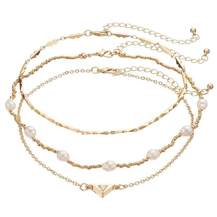 Mudd&reg; Beaded, Bar Link & Triangle Choker Necklace Set, Women's, Gold