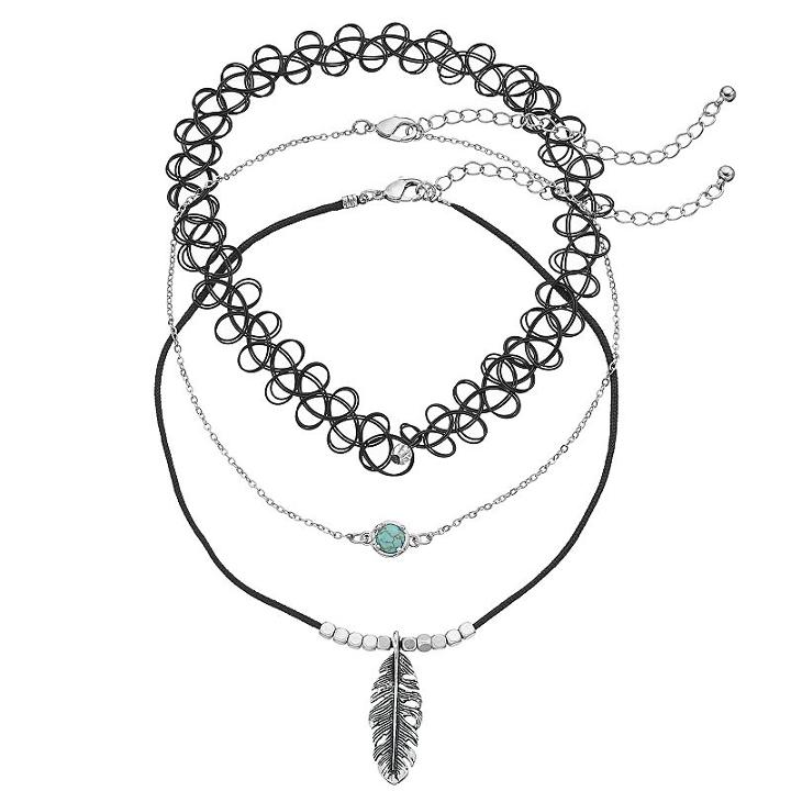 Mudd&reg; Feather Pendant, Cabochon & Tattoo Choker Necklace Set, Teens, Black