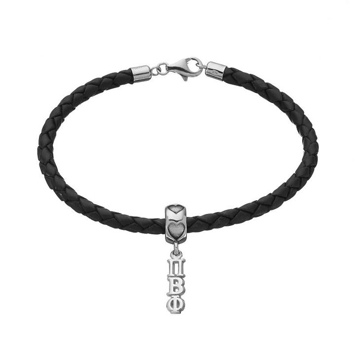 Logoart Pi Beta Phi Sterling Silver & Leather Sorority Bracelet, Women's, Size: 7.5, Grey