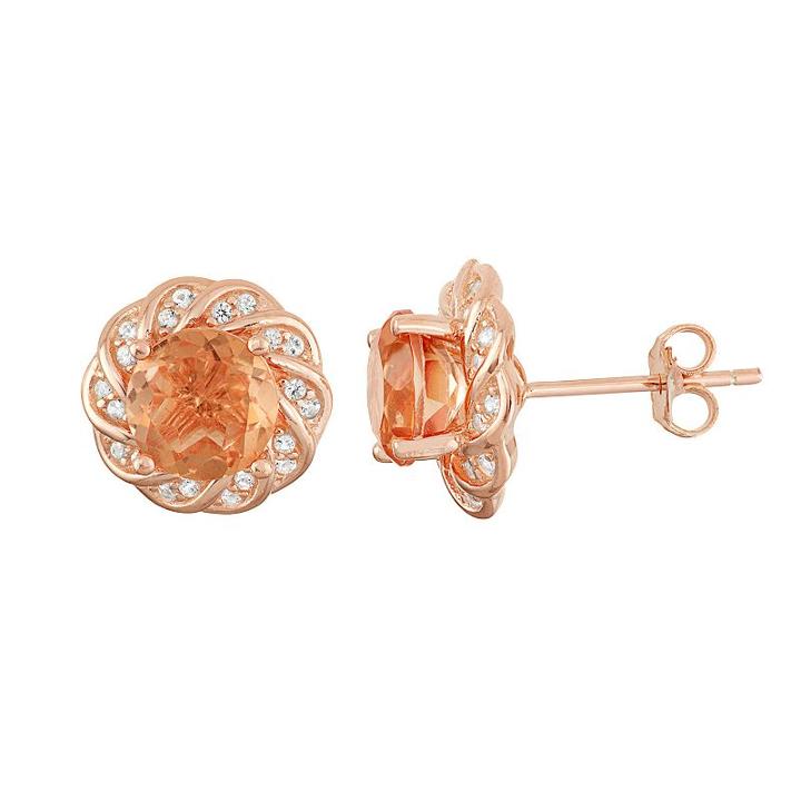 14k Rose Gold Over Silver Peach Quartz Flower Stud Earrings, Women's, Orange