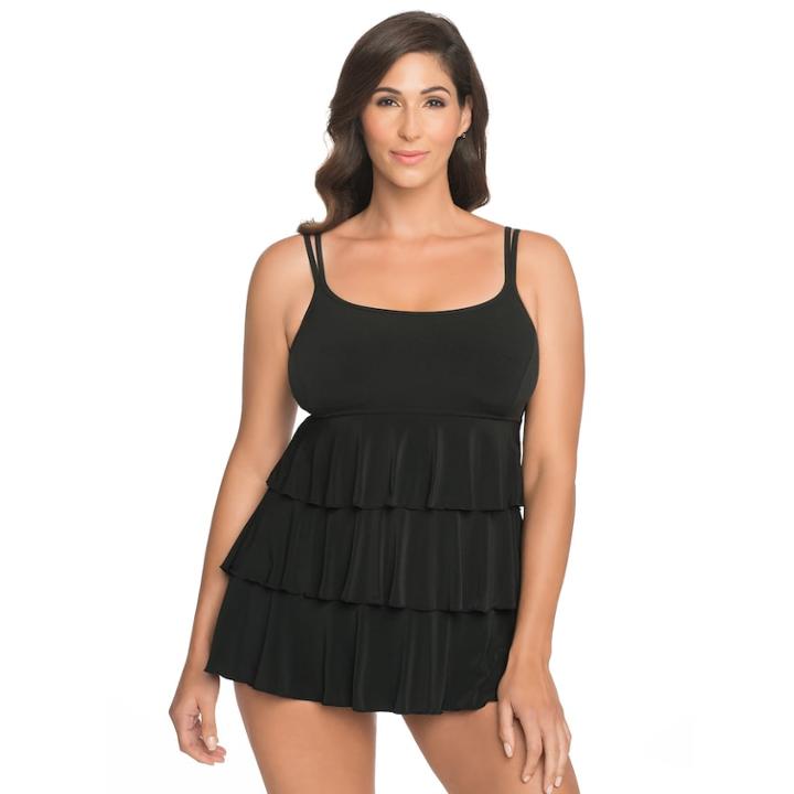 Women's Great Lengths Tummy Slimmer Tiered Swimdress, Size: 10, Black