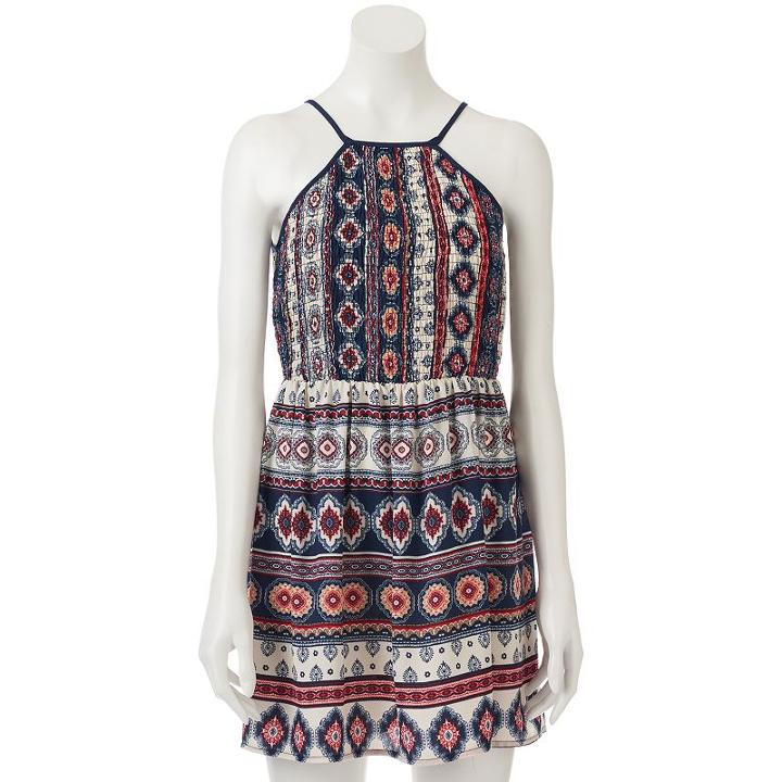 Juniors' Trixxi Print Smocked Halter Skater Dress, Teens, Size: Small, Blue (navy)