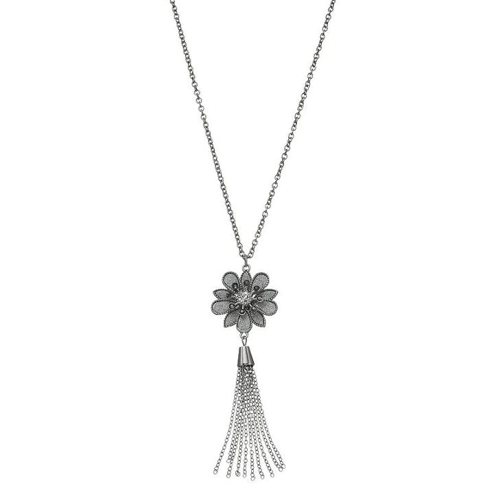 Long Glittery Flower Tassel Pendant Necklace, Women's, Silver