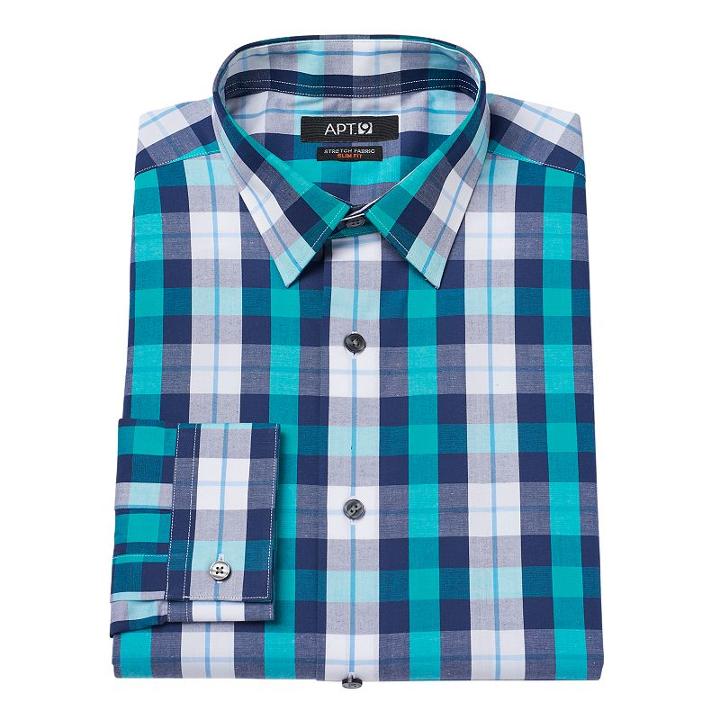 Men's Apt. 9 &reg; Slim-fit Plaid Stretch Dress Shirt, Size: 17.5-34/35, Blue