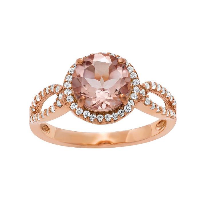 14k Rose Gold Over Silver Morganite Triplet And Lab-created White Sapphire Halo Ring, Women's, Size: 10, Light Pink