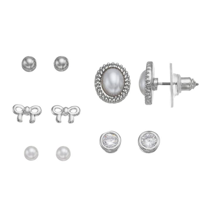 Lc Lauren Conrad Cubic Zirconia & Bow Stud Earring Set, Women's, White