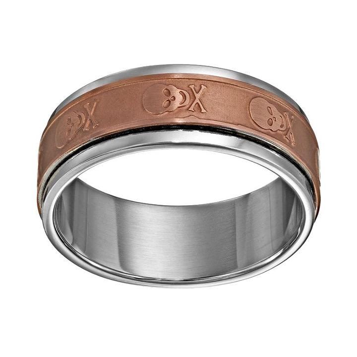 Two Tone Stainless Steel Skull Spinner Band - Men, Size: 12, Brown