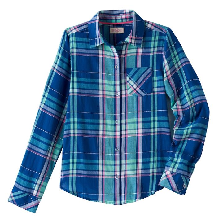 Girls Plus Size So&reg; Shine Plaid Button-down Shirt, Size: 16 1/2, Dark Blue