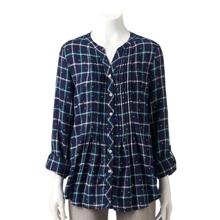 Petite Croft & Barrow&reg; Plaid Roll-tab Tunic, Women's, Size: Xl Petite, Dark Blue