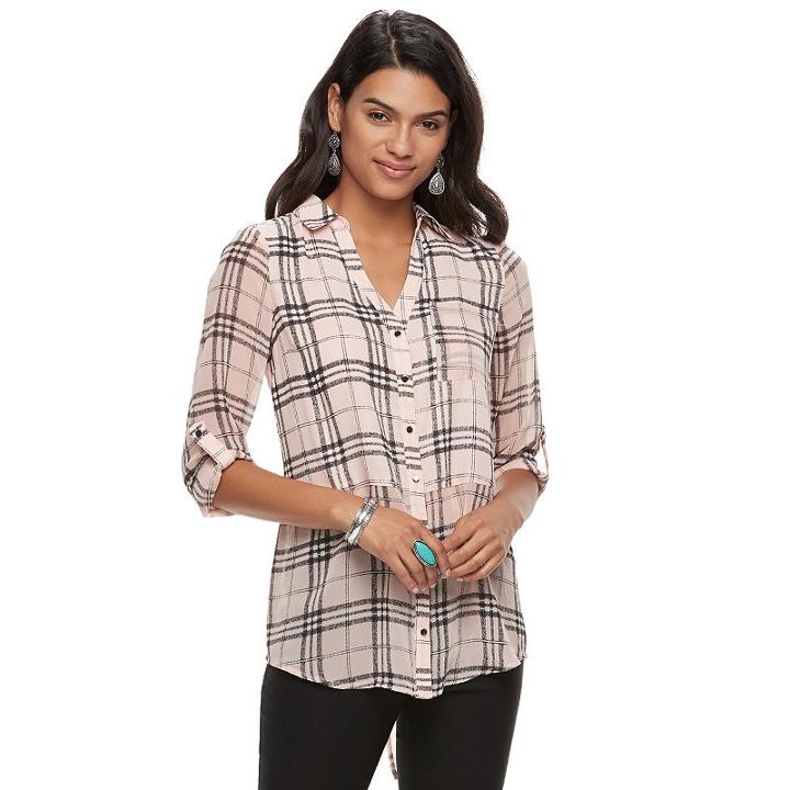 Juniors' Candie's&reg; Roll-tab Shirt, Teens, Size: Medium, Brt Pink
