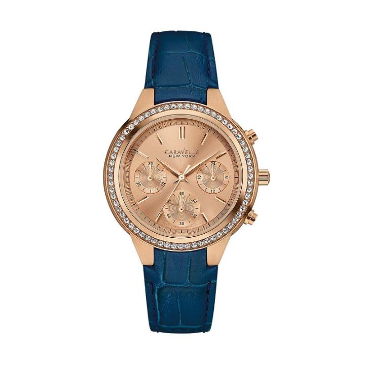 Caravelle New York By Bulova Women's Crystal Leather Chronograph Watch - 44l183, Blue