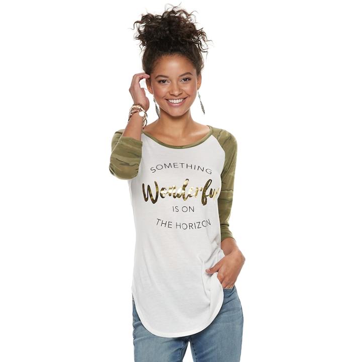 Juniors' Something Wonderful Is On The Horizon Camo Raglan Tee, Teens, Size: Large, White