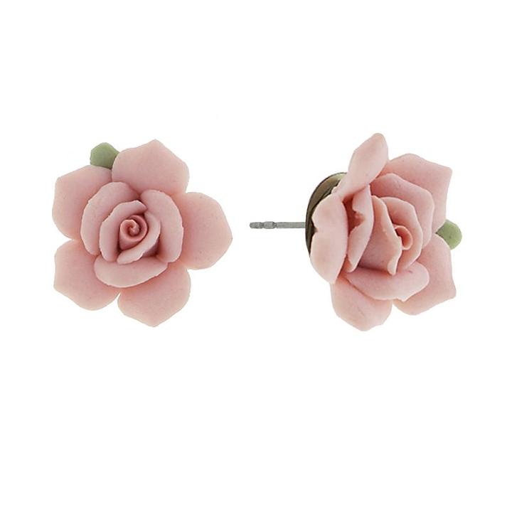 1928 Pink Porcelain Rose Stud Earrings, Women's