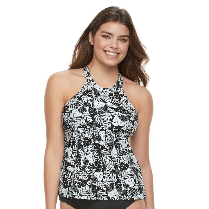 Women's A Shore Fit Tummy Slimmer High-neck Tankini Top, Size: 8, Black