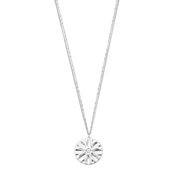 Floral Stamp Disc Pendant Nickel Free Long Necklace, Women's, Silver