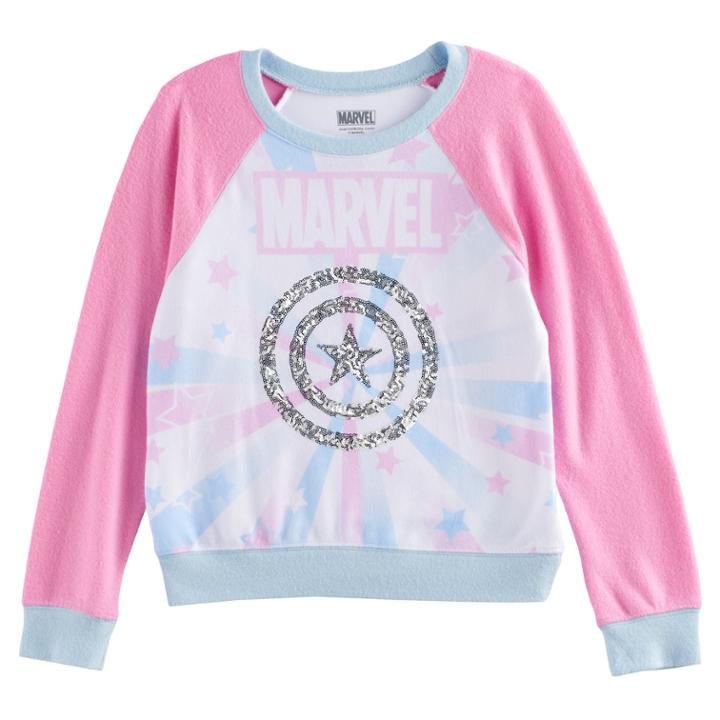 Girls 7-16 Marvel Captain America Sequin Shield Fleece Pullover, Size: Large, White Oth