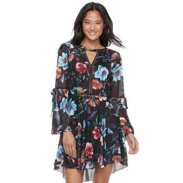 Juniors' Up By Ultra Pink Floral High-low Skater Dress, Teens, Size: Small, Black