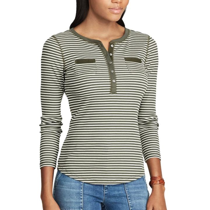 Women's Chaps Striped Henley Top, Size: Medium, Green