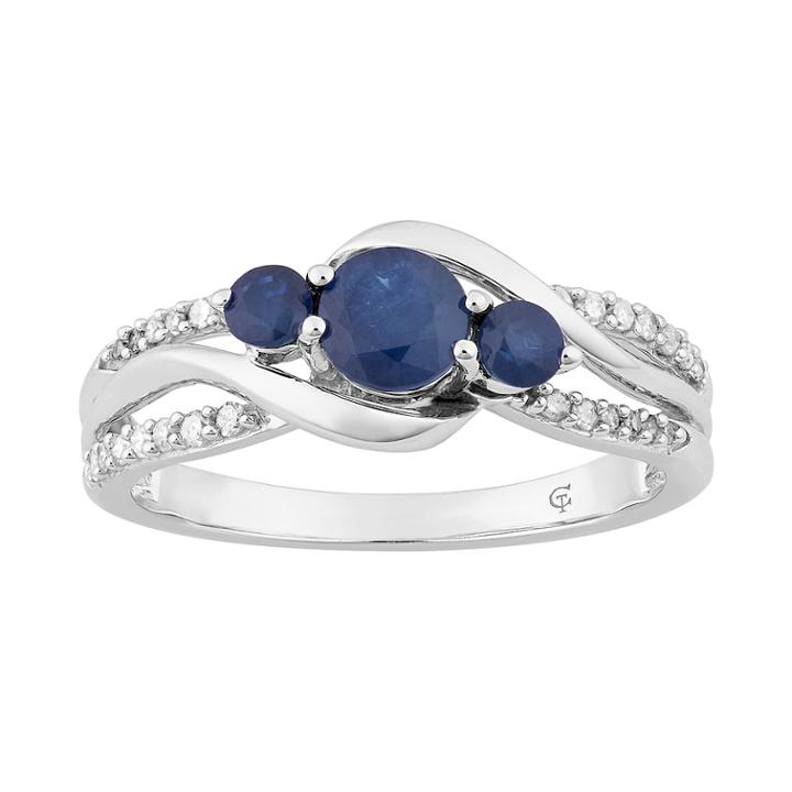 10k White Gold Sapphire & 1/6 Carat T.w. Diamond 3-stone Ring, Women's, Size: 7, Blue