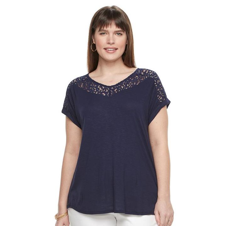 Plus Size Apt. 9&reg; Lace-trim V-neck Tee, Women's, Size: 1xl, Dark Blue
