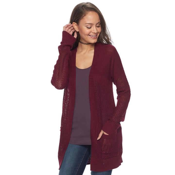 Juniors' So&reg; Drop Shoulder Open Stitch Cardigan, Teens, Size: Medium, Dark Pink