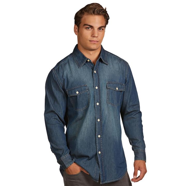 Men's Antigua Modern-fit Chambray Button-down Shirt, Size: Small, Dark Blue
