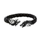 Men's Stainless Steel & Black Leather Cubic Zirconia Dragon Cuff Bracelet, Size: 8.5