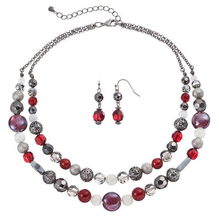 Red Beaded Double Strand Necklace & Drop Earring Set, Women's, Dark Red