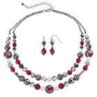 Red Beaded Double Strand Necklace & Drop Earring Set, Women's, Dark Red