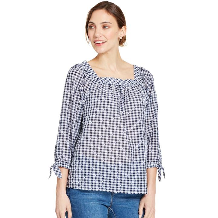 Women's Izod Gingham Peasant Top, Size: Small, Blue (navy)
