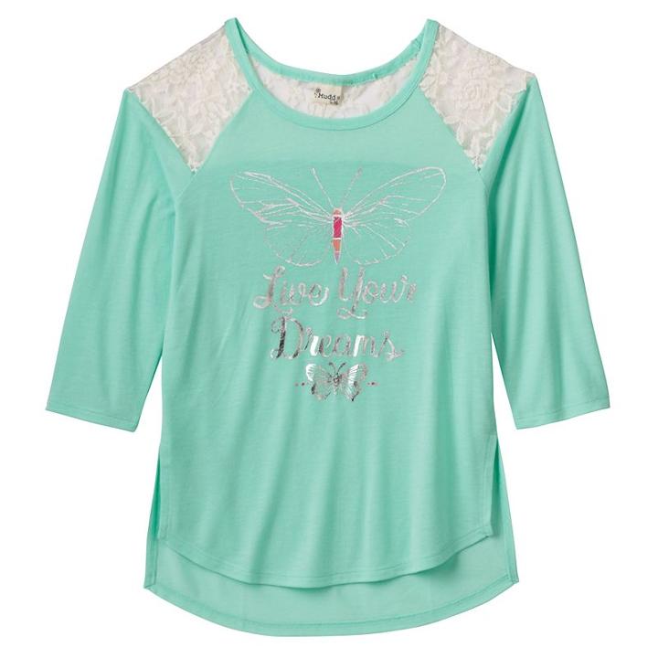 Girls Plus Size Mudd&reg; Raglan Lace High-low Graphic Tee, Girl's, Size: 16 1/2, Brt Green