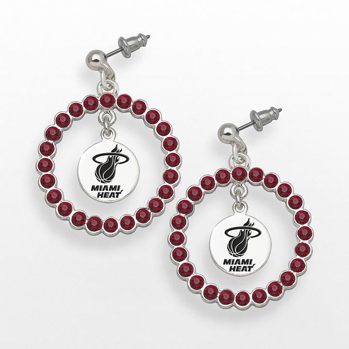 Logoart Miami Heat Silver Tone Crystal Logo Charm Hoop Drop Earrings, Women's, Red