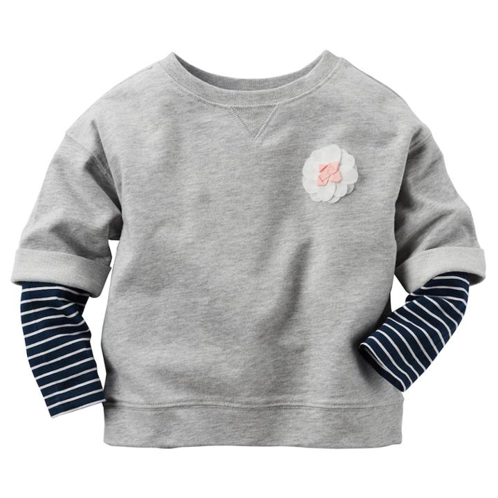 Girls 4-8 Carter's Striped Mock-layered Long Sleeve French Terry Rosette Top, Size: 4, Light Grey