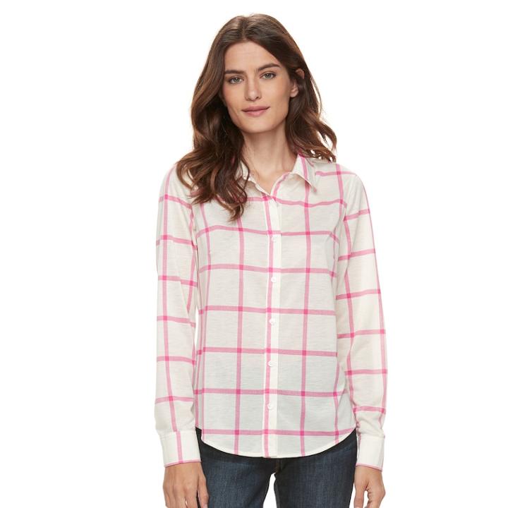 Women's Caribbean Joe Plaid Button Front Shirt, Size: Xl, Dark Pink